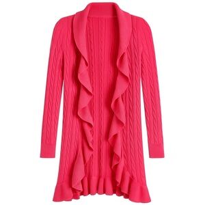 Lilly Pulitzer Cashmere Ruffle Cable Knit Open Front Cardigan Sweater Pink XS